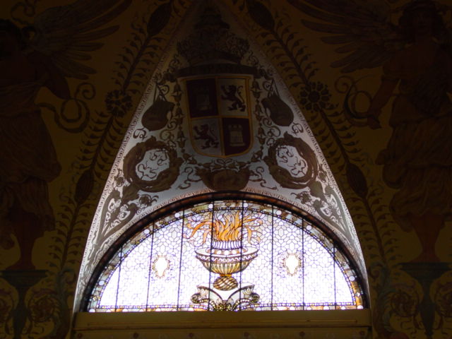 Stained glass and ceiling in the Dining Room.